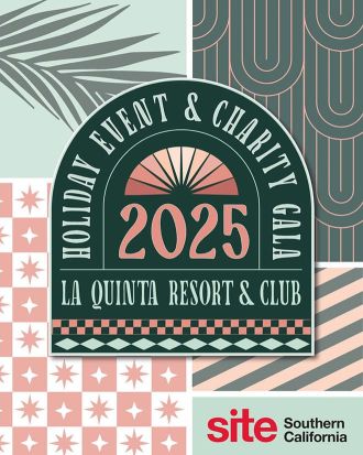 Graphic flyer for the 2025 Holiday Event & Charity Gala at La Quinta Resort & Club, with geometric patterns and the site Southern California logo.